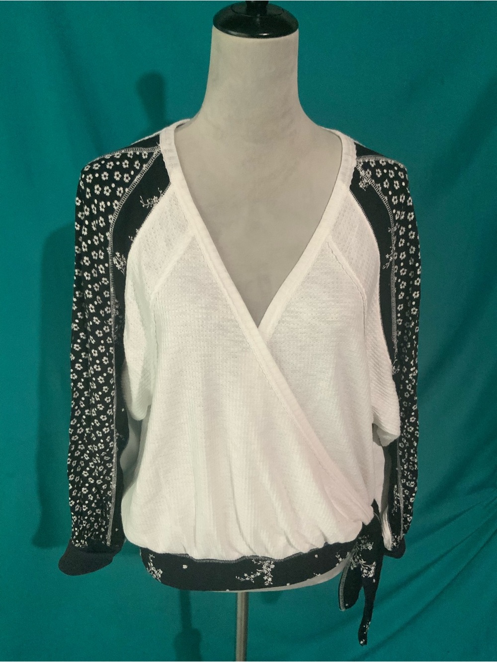 Free People Auxton White Thermal Wrap Top with Black Floral Raglan Sleeves